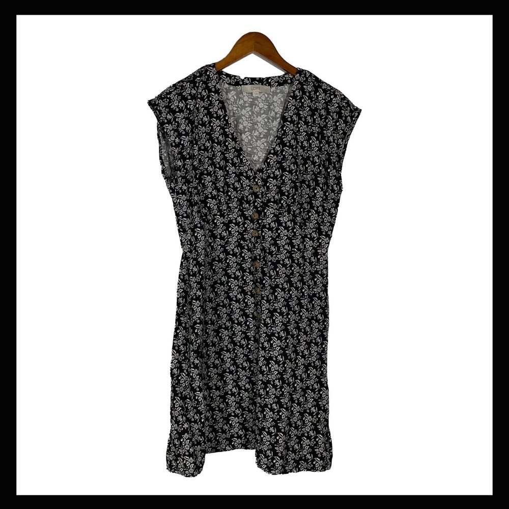 LOFT Black Floral Button-Front Dress